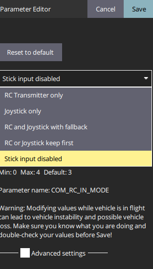 COM_RC_IN_MODE parameter set